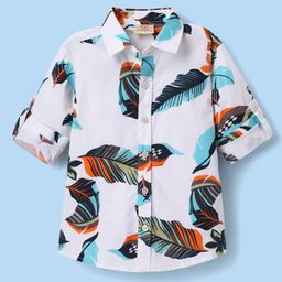 Rikidoos Full Sleeves Leaves Printed Shirt - White-image-52