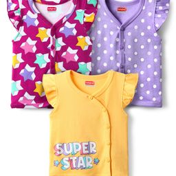 Babyhug 100% Cotton Knit Frill Sleeves Front Open Jhabalas with Polka Dot Star Print Pack of 3 - Purple & Yellow-image-72