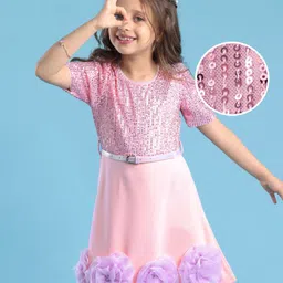 Hola Bonita Knit Half Sleeves Sequinned Party Dress With Floral Applique & Belt - Pink-picture-6