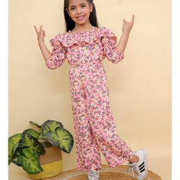 Junitos Three Fourth Cold Shoulder Sleeves Floral Printed Jumpsuit - Pink-image-76