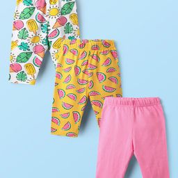 Babyhug Cotton Lycra Knit Three Fourth Fruit Printed Leggings Pack of 3 - Pink Yellow & White-image-58