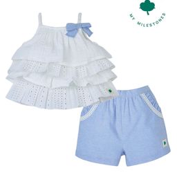 My Milestones Cotton Sleeveless Bow Applique Detailed Schiffli Embroidered Layered Top & Shorts Set - White & Blue-picture-18
