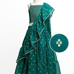 Pine Kids Woven Sleeveless Lehenga Choli Set With Foil Print & Dupatta - Teal Blue-image-70