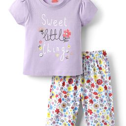 Babyhug Cotton Knit Half Sleeves Capri Night Suit With Floral Print - Lavender-image-99