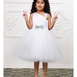 Toy Balloon Kids Net Sleeveless Bow Applique Detailed Sequins Embellished Stars Glitter Printed Dress - White-picture-10