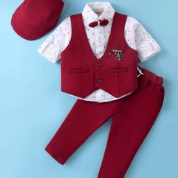 Dapper Dudes Full Sleeves Abstract Printed Shirt With Waistcoat Cap Bow & Pant Set - Red-image-16