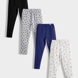 Orange Sugar Cotton Lycra Knit Pack Of 4 Solid & Tulips Printed Stretchable Leggings - Multi Colour-image-29