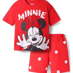 HoneyHap Disney 100% Cotton Half Sleeves Short Night Suit With Minnie Mouse Graphics - Red-image-30