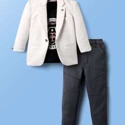 Dapper Dudes Full Sleeves Textured Blazer With Typography Printed Tee & Pant Set - White-image-14