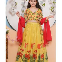Bitiya by Bhama Silk Woven Three Fourth Sleeves Floral Printed Coordinating Lehenga Choli With Dupatta Set - Yellow-image-76