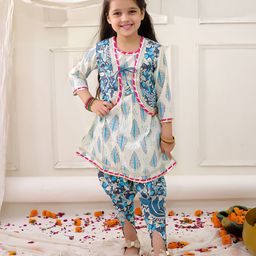 KID1 Cotton Woven Full Sleeves Madhubani Art Printed & Gota Lace Embellished Kurti Dhoti With Jacket Set - Blue-image-38
