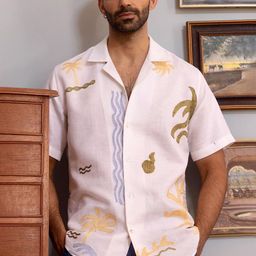 ASUKA Abstract Printed Spread Collar Relaxed Fit Linen Shirt-image-82