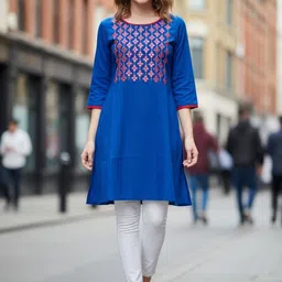 Silakaari Women Blue Viscose Rayon Mirror Work Embroidered Round Neck Short Kurtis-picture-18