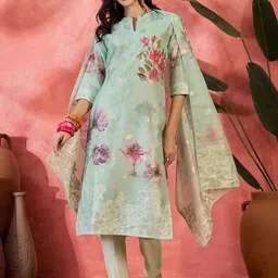 Sangria Floral Printed Chanderi Silk Mandarin Collar Straight Kurta With Bottom & Dupatta-image-90