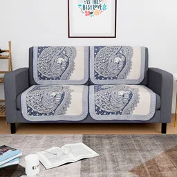 Kuber Industries Blue & Off White 4 Pieces Self Design Cotton 2 Seater Sofa Covers-88