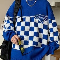 KPOP Men Round Neck Long Sleeves Checked Pullover-image-44