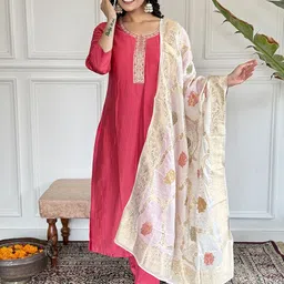 Divyadham Textiles Embroidered Zari Round Neck Straight Kurta With Trousers & Dupatta-picture-44