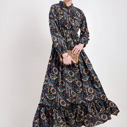 ZWERLON Women Floral Printed Tie-Up Neck Maxi A-Line Dress-image-83