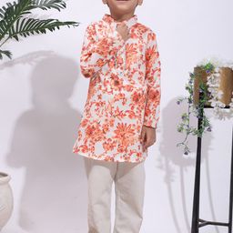 Cutiekins Boys Floral Printed Band Collar Gotta Patti Straight Kurta With Pyjamas-picture-16