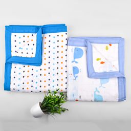 Mom's Home Organic Cotton Dohar Cum Swaddle Triple Layer Printed - White Blue-image-55
