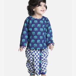 BownBee Full Sleeves Elephant Printed Kurta & Dhoti Set - Blue-image-36