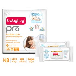 Babyhug Pro Bubble care premium Tape Style Diaper New Born - 86 Pieces & Babyhug Advanced 99 Water Wipes - 72 pieces -(Pack of 2)-image-60