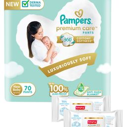 Pampers Premium Care Pants, New Born, Extra Small size baby diapers  (NB,XS), 70 count, Softest ever Pampers & Babyhug Advanced 99 Water Wipes - 72 pieces - (Pack of 2)-23
