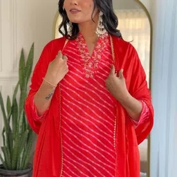 Moda Rapido Leheriya Printed V-Neck Sequinned Straight Kurta With Trousers And Dupatta image 4
