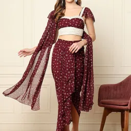 DEEBACO Floral Printed Georgette Top With Dhoti Pants & Dupatta Indo Western Co-Ords-picture-16