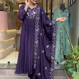 S.K.C Floral Embroidered Pleated Sweetheart Neck A-Line Kurta With Trousers & Dupatta-picture-11