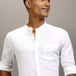 HIGHLANDER Men Band Collar Textured Cotton Casual Shirt-image-39