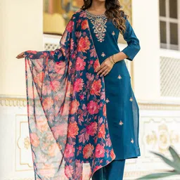 KALINI Floral Embroidered Straight Thread Work Kurta With Trouser & Dupatta-picture-2
