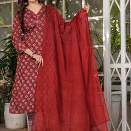 URMIR FASHION Floral Printed Pure Cotton V-Neck Straight Kurta With Trousers & Dupatta-image-37