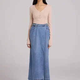 QUA Denim Wrap Column Skirt-picture-52