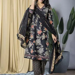 KALINI Women Floral Printed Regular Thread Work Pure Cotton Kurta with Trousers & With Dupatta-image-69