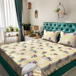 Myntra Elegant Homes Yellow & Grey Cartoon Characters 400 TC King Bedsheet with 2 Pillow Covers-13