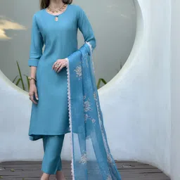 Hitarth Fashion Women Keyhole Neck Pure Cotton A-Line Kurti with Trousers & Dupatta-picture-42