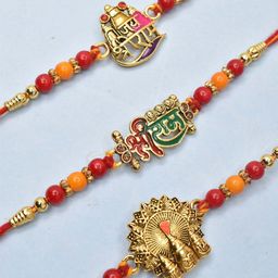 MEIRA JEWELLERY Set Of 3 Beaded Shree Ram Rakhis With Greeting Card & Roli Chawal-image-33