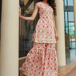 KALINI Women Floral Printed Tiered Gotta Patti Pure Cotton Kurta with Sharara-picture-41