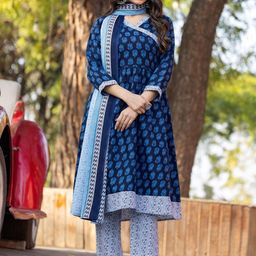 Shriyangan Floral Printed Angrakha Anarkali Pure Cotton Kurta With Trousers & Dupatta-picture-12