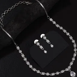 PREYANS Women Silver-Plated American Diamond Studded Necklace & Earring Set-52