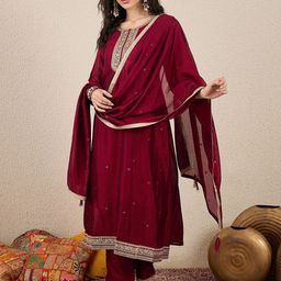 VredeVogel Women Ethnic Motifs Embroidered Panelled Sequinned Kurta with Trousers & With Dupatta-picture-18