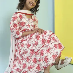 Biba Girls Floral Printed Angrakha Pure Cotton Kurta with Palazzos & With Dupatta image 4
