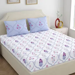 Home Ecstasy Purple & White Floral 140 TC King Bedsheet with 2 Pillow Covers-picture-0