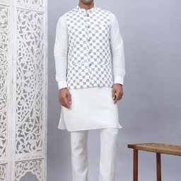 Jompers Mandarin Collar Silk Cotton Straight Kurta with Churidar & Nehru Jacket-44