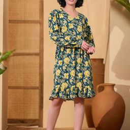 Sangria Women Floral Printed Tiered V-Neck Cuffed Sleeves Cotton Fit and Flare Dress-picture-8