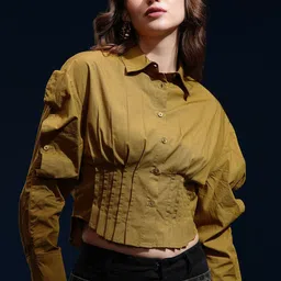Tokyo Talkies Women Solid Pleated Cotton Shirt Style Top-44
