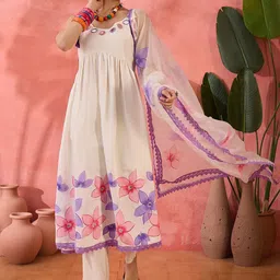Sangria Embroidered Shoulder Straps Anarkali Kurta With Trousers & Dupatta-19