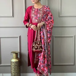 KALINI Floral Embroidered Straight Kurta With Trouser & Dupatta-picture-19