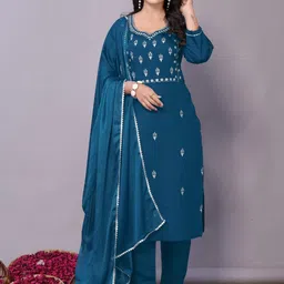 Growdamy Women Ethnic Motifs Embroidered Regular Thread Work Kurta with Trousers & With Dupatta-image-14